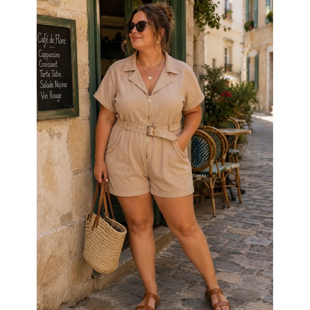 Show Me Your Mumu Outlaw Romper Tanline Beige Utility Zip Front‎ Belted XXL NEW